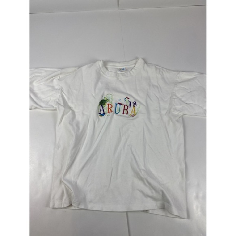Vintage Aruba Women's Short Sleeve T-Shirt Size Large Embroidered Logo White EUC